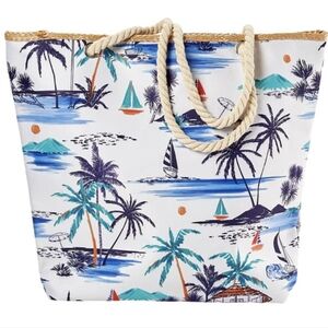 Coastal Tropical Beach Large Canvas Zip Top Tote W/ Rope Handles NWT